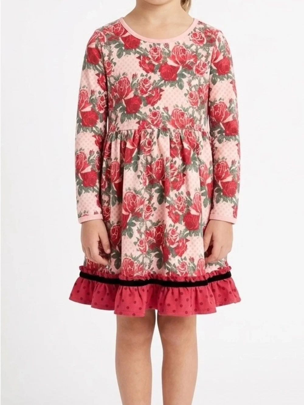 Matilda Jane Kensley Rose Floral Dot Dress Ruffle Tiered Velvet Trim Coquette